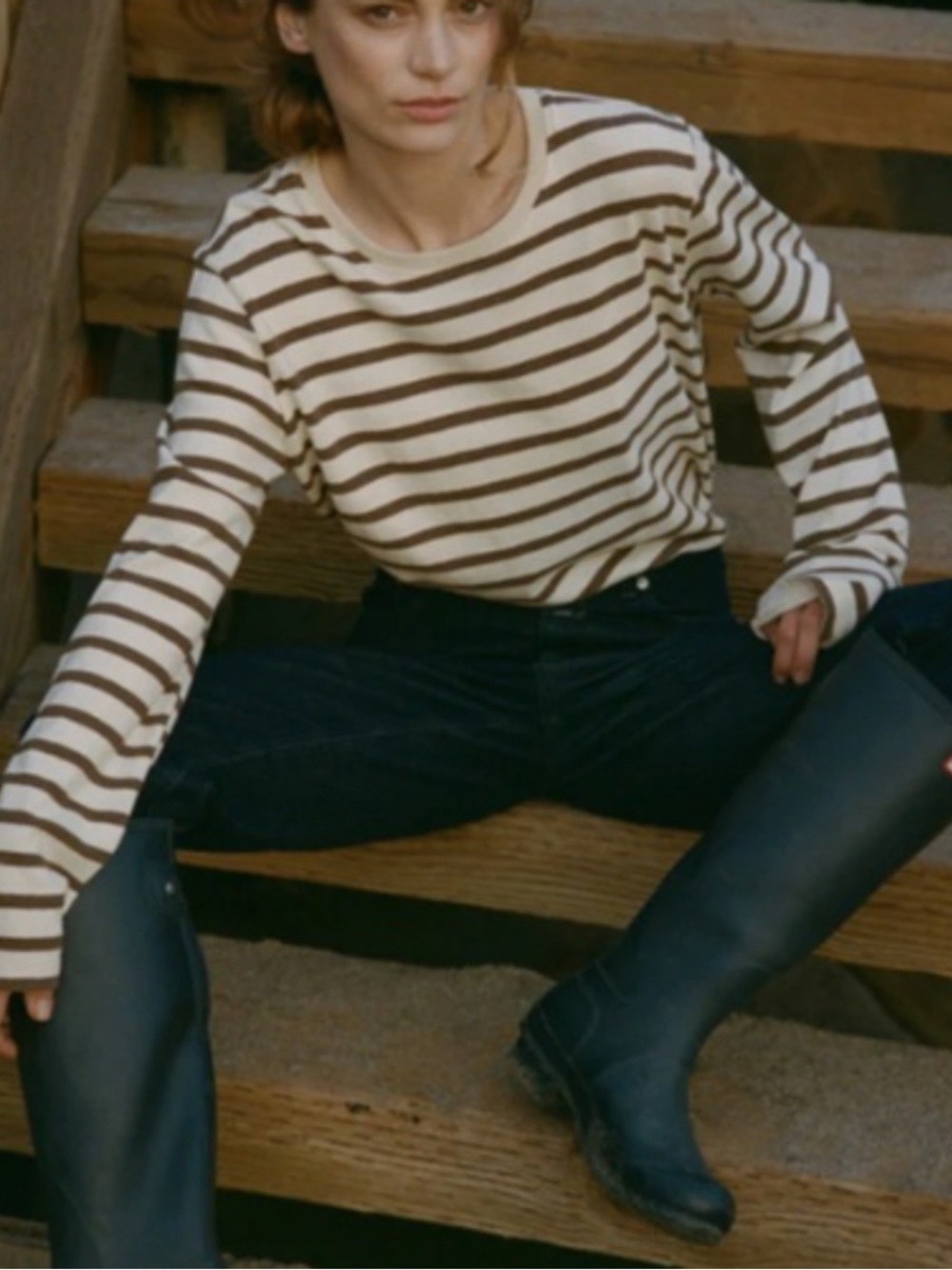 WYETH Carmen L/S Long Sleeve Crew Striped Cotton Tee Ecru and Chocolate - Picture 9 of 9